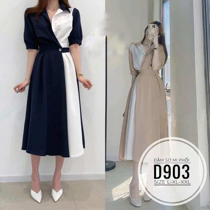 Bigsize Đầm Sơmi Phối Màu