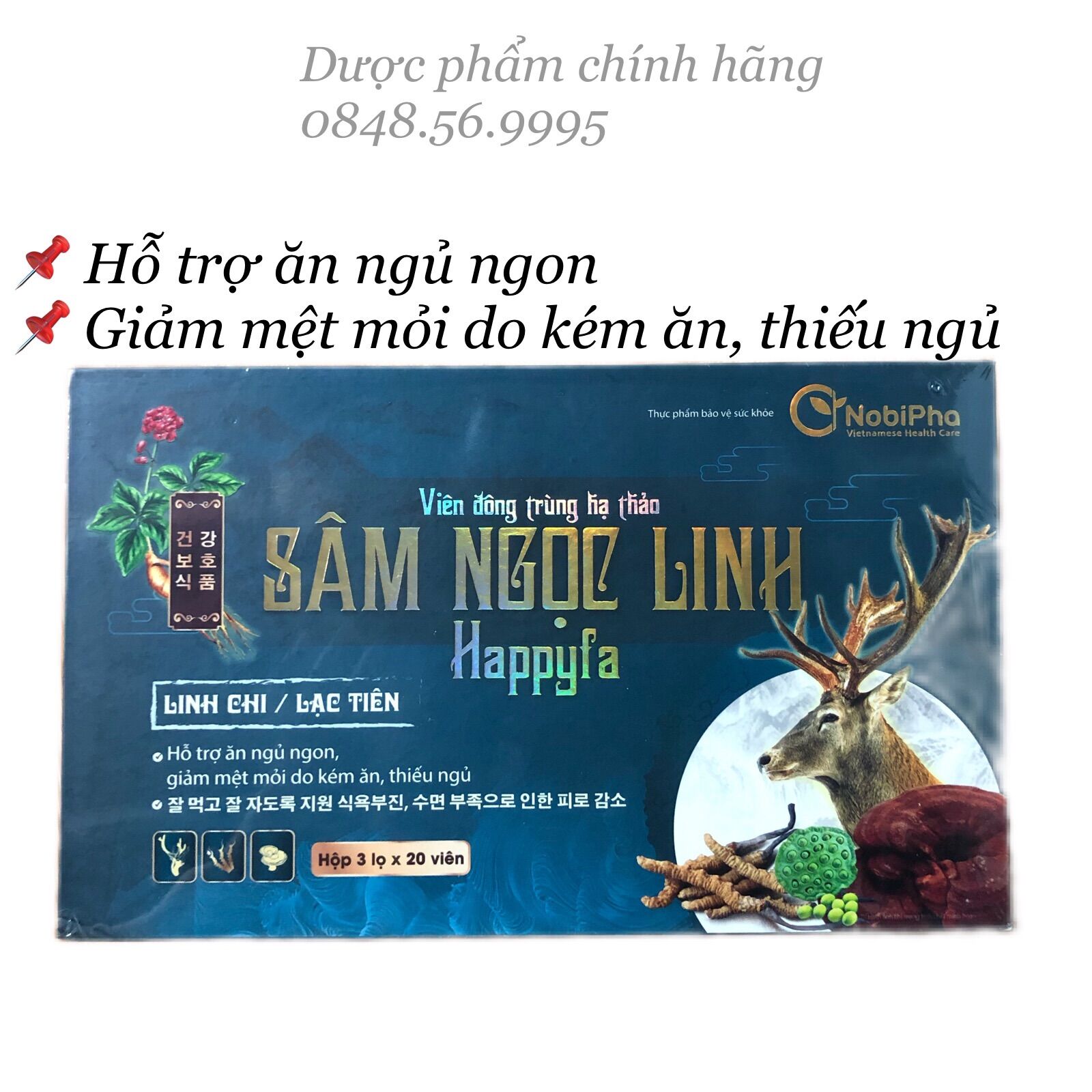 Sâm ngọc linh happyfa lọ 60 viên - viên đông trùng hạ thảo - hỗ trợ ăn ngủ ngon, giảm mệt mỏi do kém ăn, thiếu ngủ