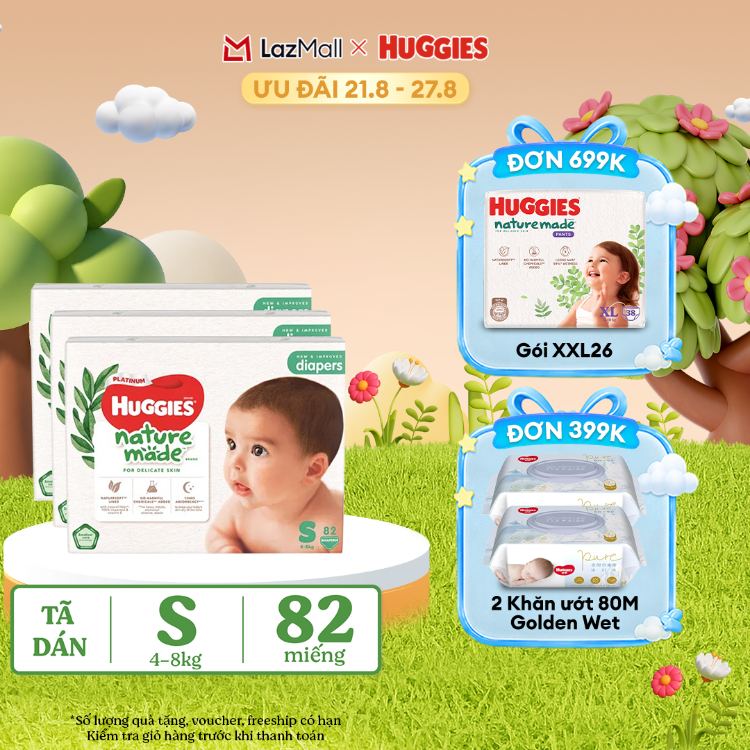 [17-24.08 QUÀ TẶNG ĐƠN 399K] Combo 3 Tã/Bỉm dán sơ sinh Huggies Platinum NatureMade S82 (4-8kg)-Gói Super Jumbo 82 miếng