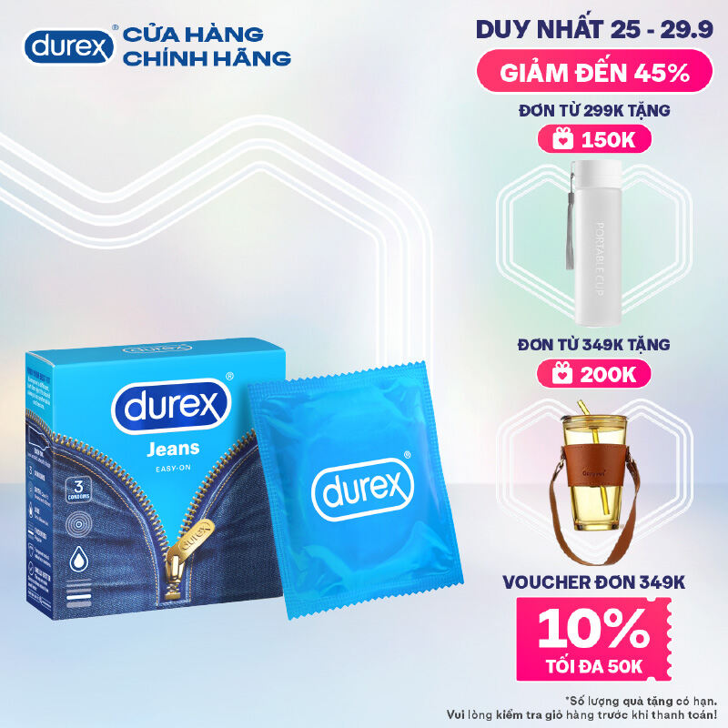 Bao cao su Durex Jeans cơ bản, bôi trơn, size 52.5mm, hộp 3 bao