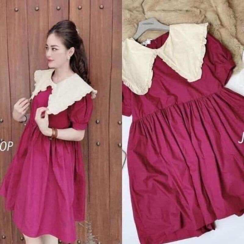 Váy bầu,đầm bầu bigsize màu hồng phối cổ trắng,có đủ size từ 45-100kg