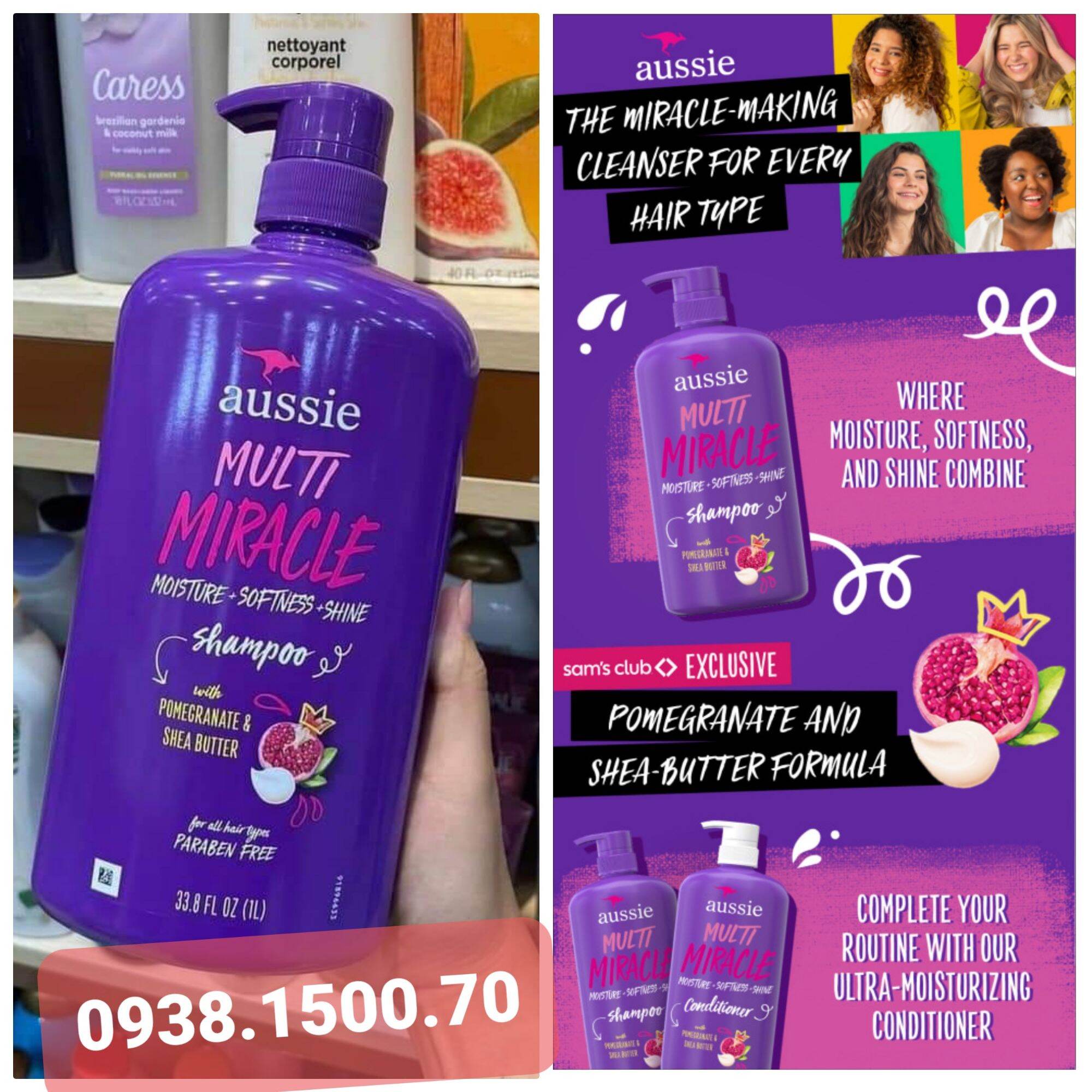 DẦU GỘI DƯỠNG ẨM LÀM MỀM TÓC Aussie Multi Miracle Pomegranate & Shea Butter Shampoo 1 lít