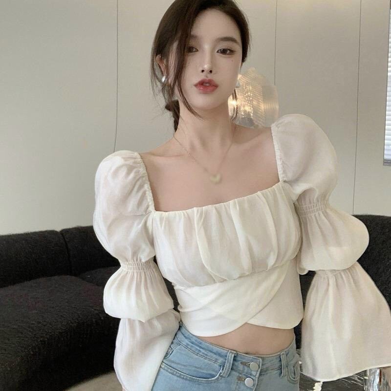 Áo kiểu croptop tay dài khúc cột eo BO1