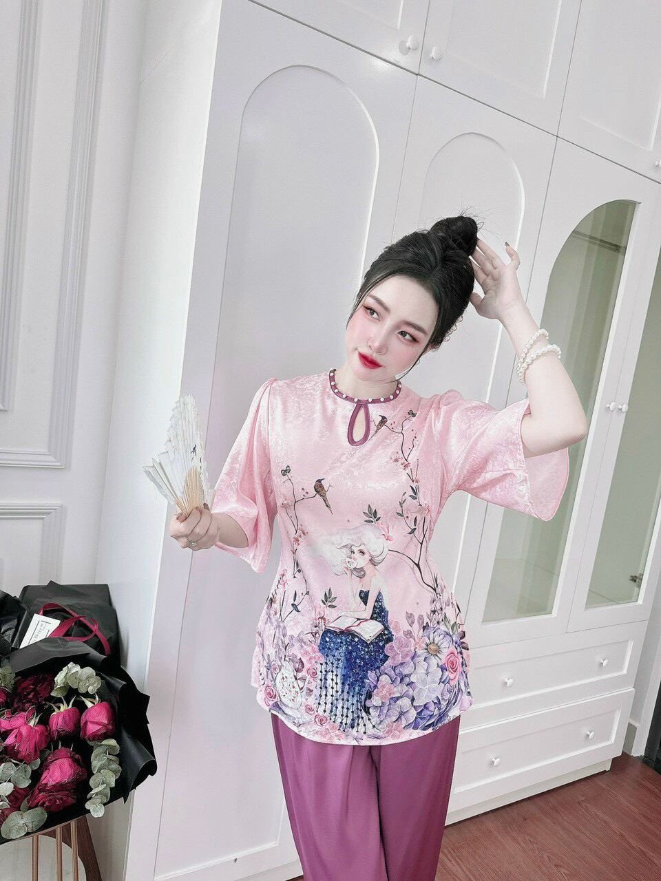 Bộ sét lam gấm 2 da phối quần lụa latin