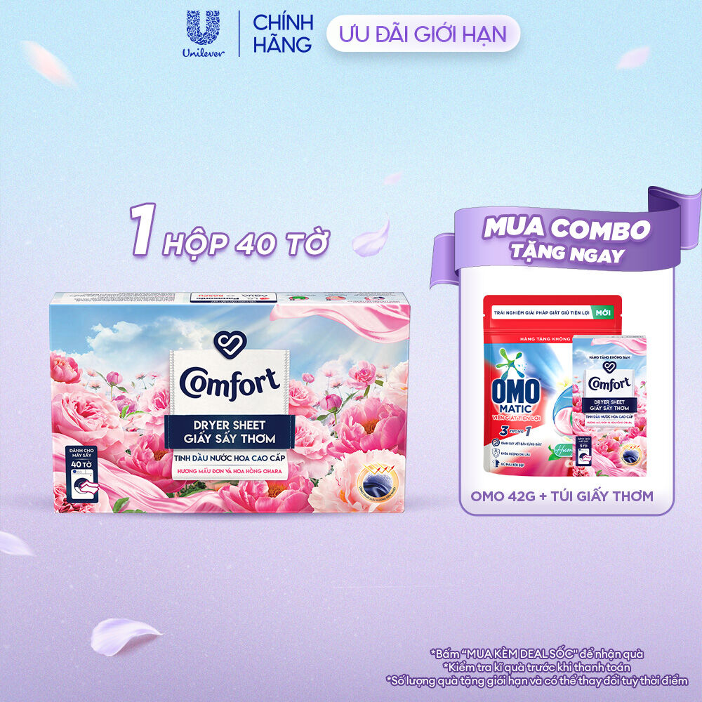 (Livestream) - Giấy Thơm Comfort Hương Mẫu Đơn Và Hoa Hồng Ohara 40 tờ/hộp, Dành Cho Máy Sấy Quần Áo, Tủ Đồ