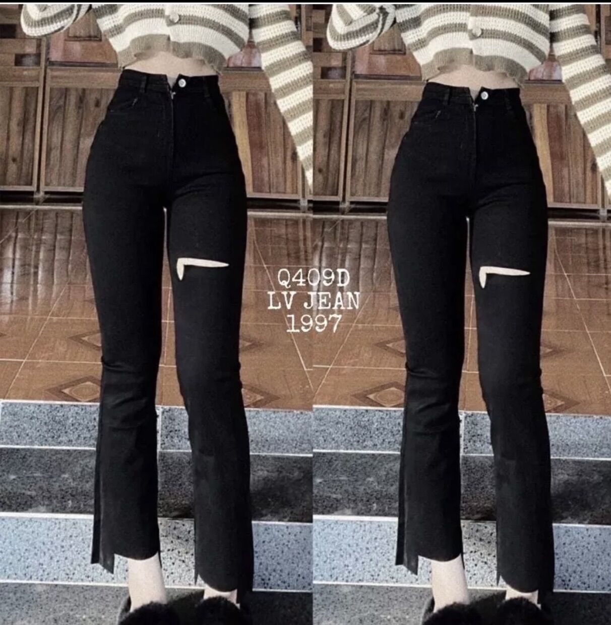 Quần Jean ống loe co giãn rách gấu L