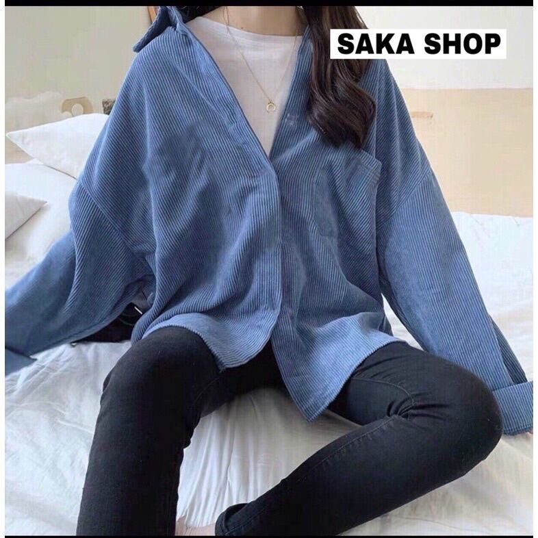 Áo sơ mi nhung tăm nữ nam unisex dáng rộng tay dài phồng