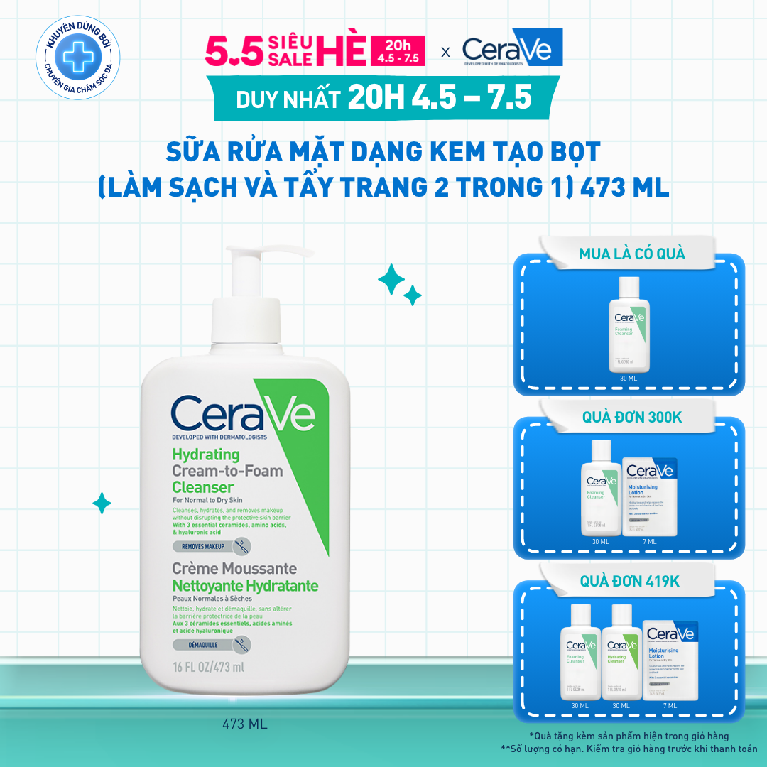 Sữa rửa mặt dạng kem tạo bọt (làm sạch và tẩy trang 2 trong 1) Hydrating Cream-to-Foam Cleanser 473ml