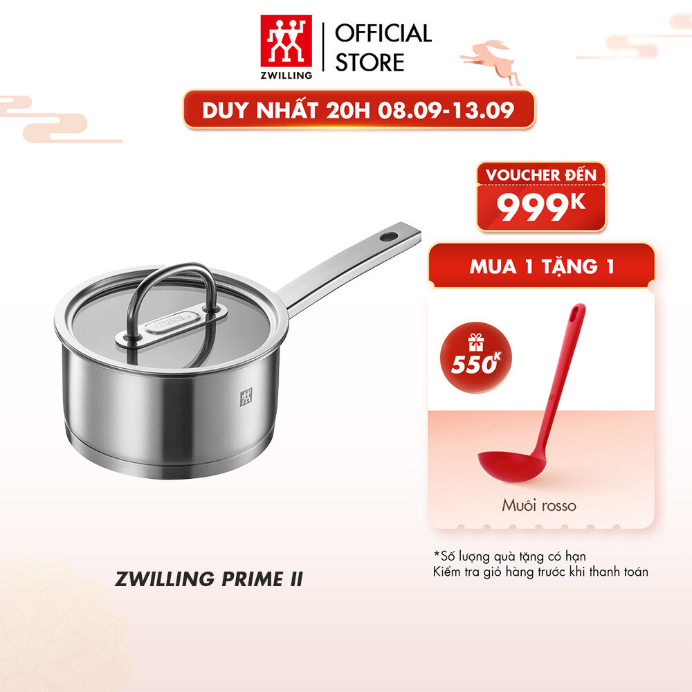 Nồi quánh ZWILLING Prime II size 16cm /18cm (1.6L/2.4L) thép không gỉ không tráng phủ nắp kính khóa 