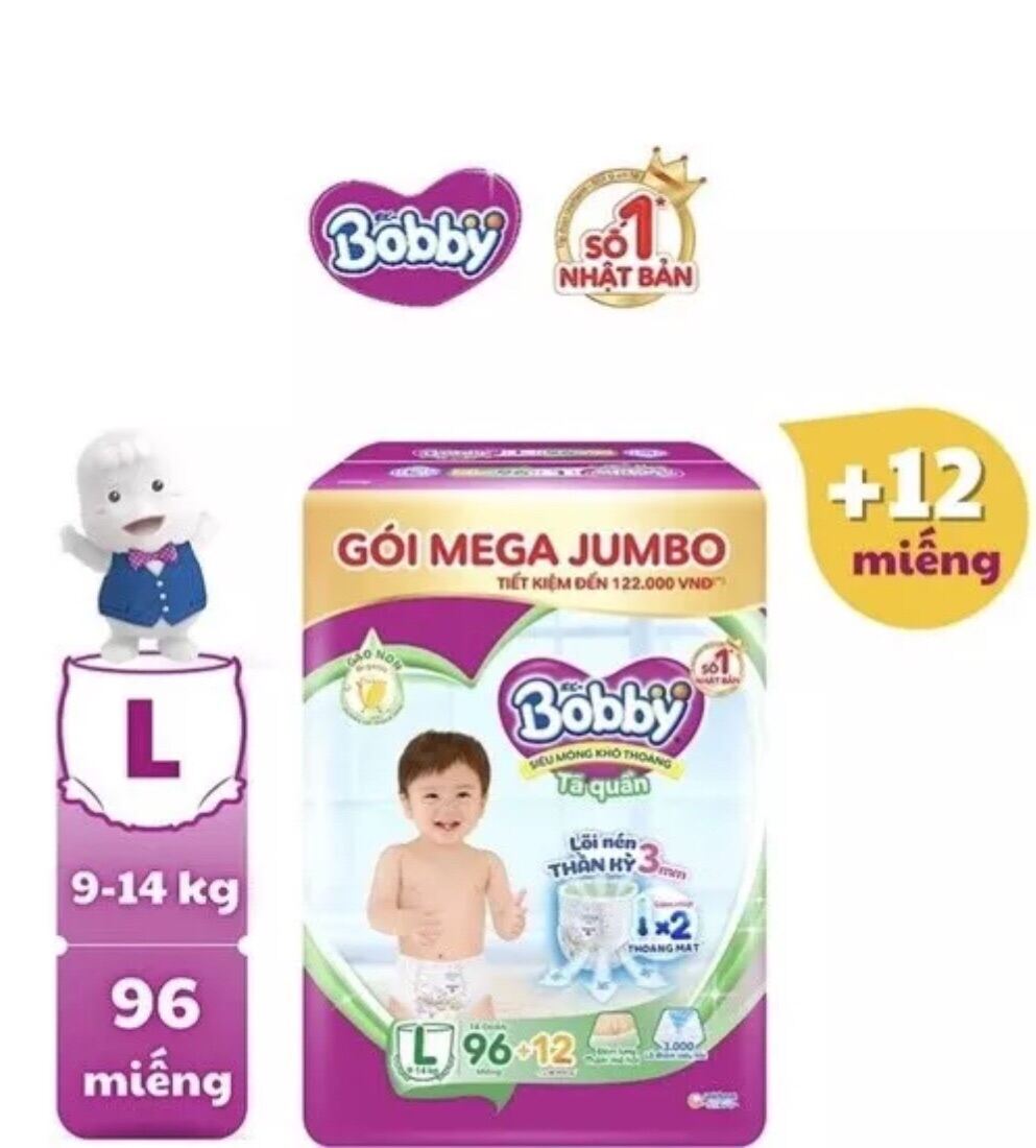 Tả quần BOBBY size L 96+12 miếng gói MEGA JUMBO