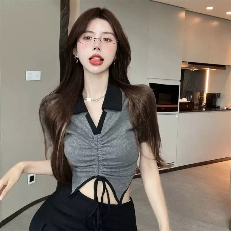 Áo croptop rút dây phối 2 màu xám đen rdv097