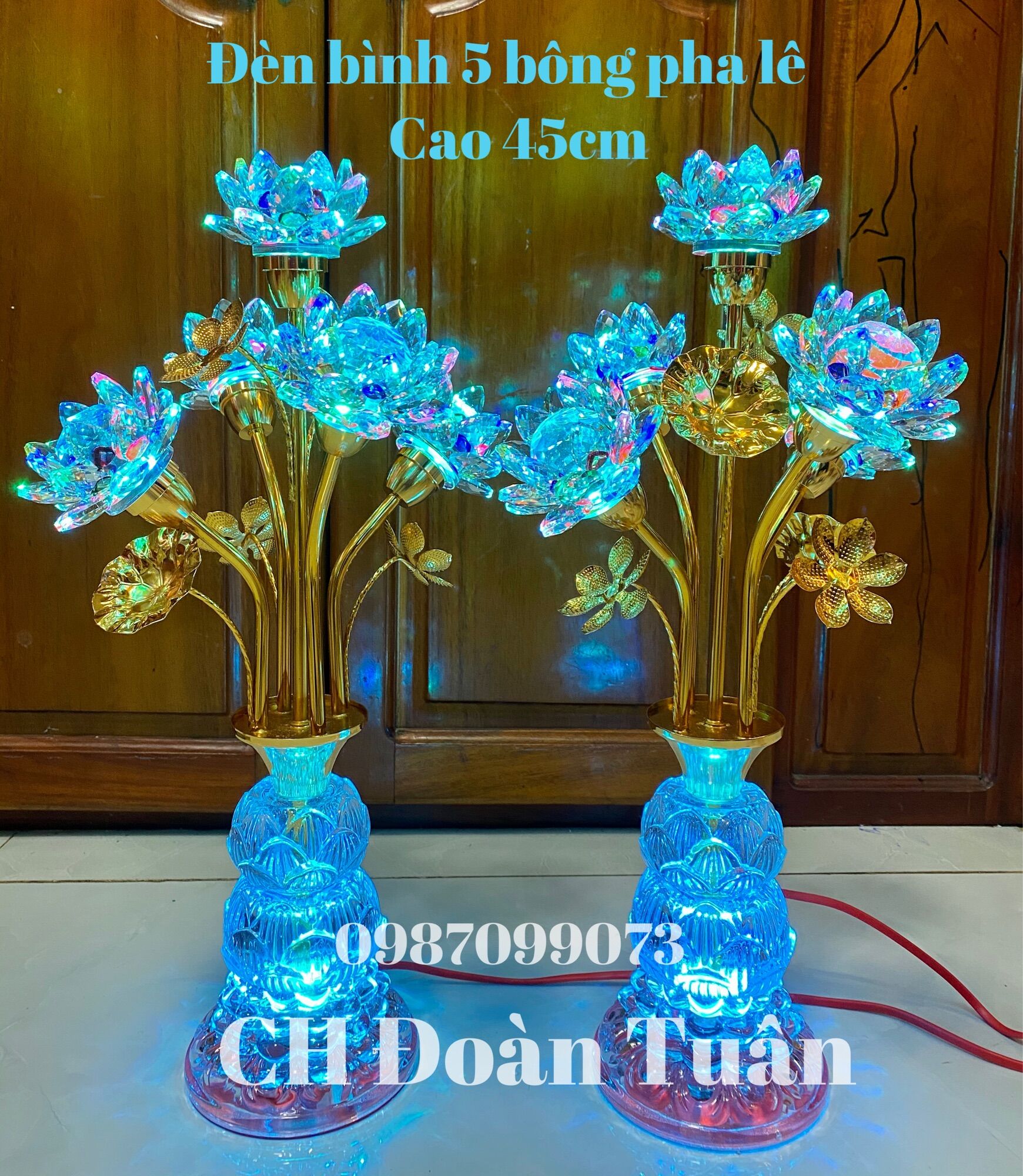MỘT CẶP ĐÈN THỜ BÌNH 5 BÔNG PHA LÊ ( GIÁ 2 CÂY ĐÈN)