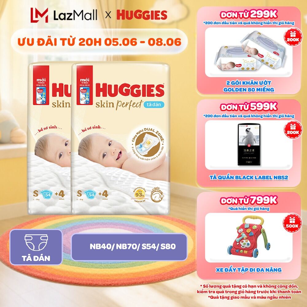Combo 2 Tã Dán Sơ Sinh Huggies Skin Perfect NB40/NB70/S54/S80/M76 Với 2 Vùng Thấm Giảm Kích Ứng Da