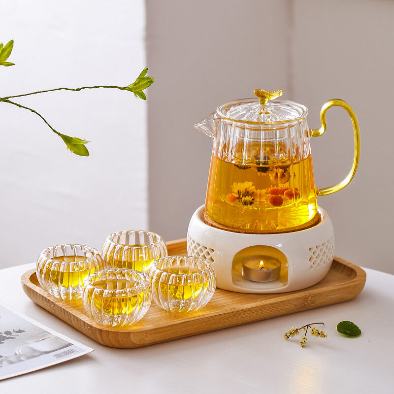 Dụng cụ pha trà chiều chiều sang trọng nhẹ nhàng cốc trà đế nến làm nóng thủy tinh chịu nhiệt lò nấu trà nến bộ ấm trà hoa cỏ hoa quả