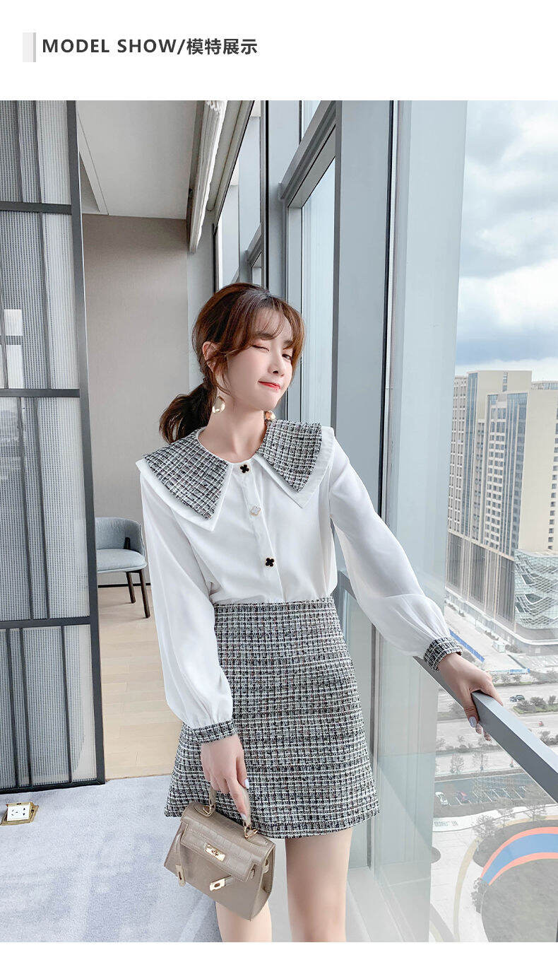 Set Áo Sơ Mi Phối Váy Dạ Tweed Trắng Đen Siêu Đẹp