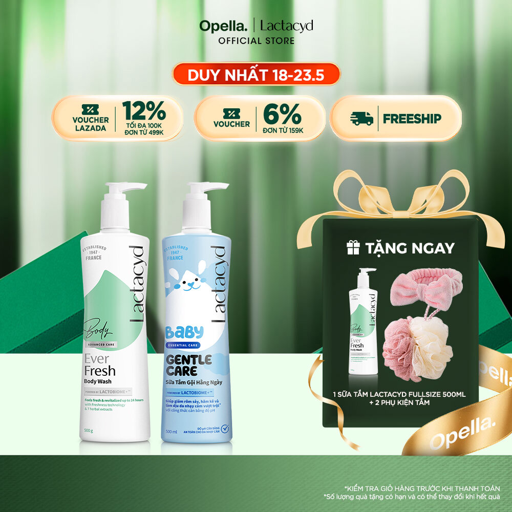 Bộ 1 Sữa tắm Lactacyd Ever Fresh mang lại làn da thơm mát và tràn đầy sức sống đến 24 giờ + 1 Sữa Tắm Gội Trẻ Em Lactacyd Baby Gentle Care Bảo Vệ Dịu Nhẹ Cho Làn Da Nhạy Cảm 500ml Cho Bé