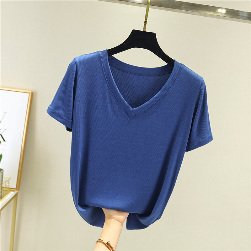 Áo Cổ Chữ V Áo Phông Tay Ngắn Tôn Dáng Gầy Dễ Phối Mùa Hè Cho Nữ Áo Mặc Trong Vải Modal Cỡ Lớn Màu Trơn Ôm Dáng Mặc Trong Mỏng Tay Lỡ