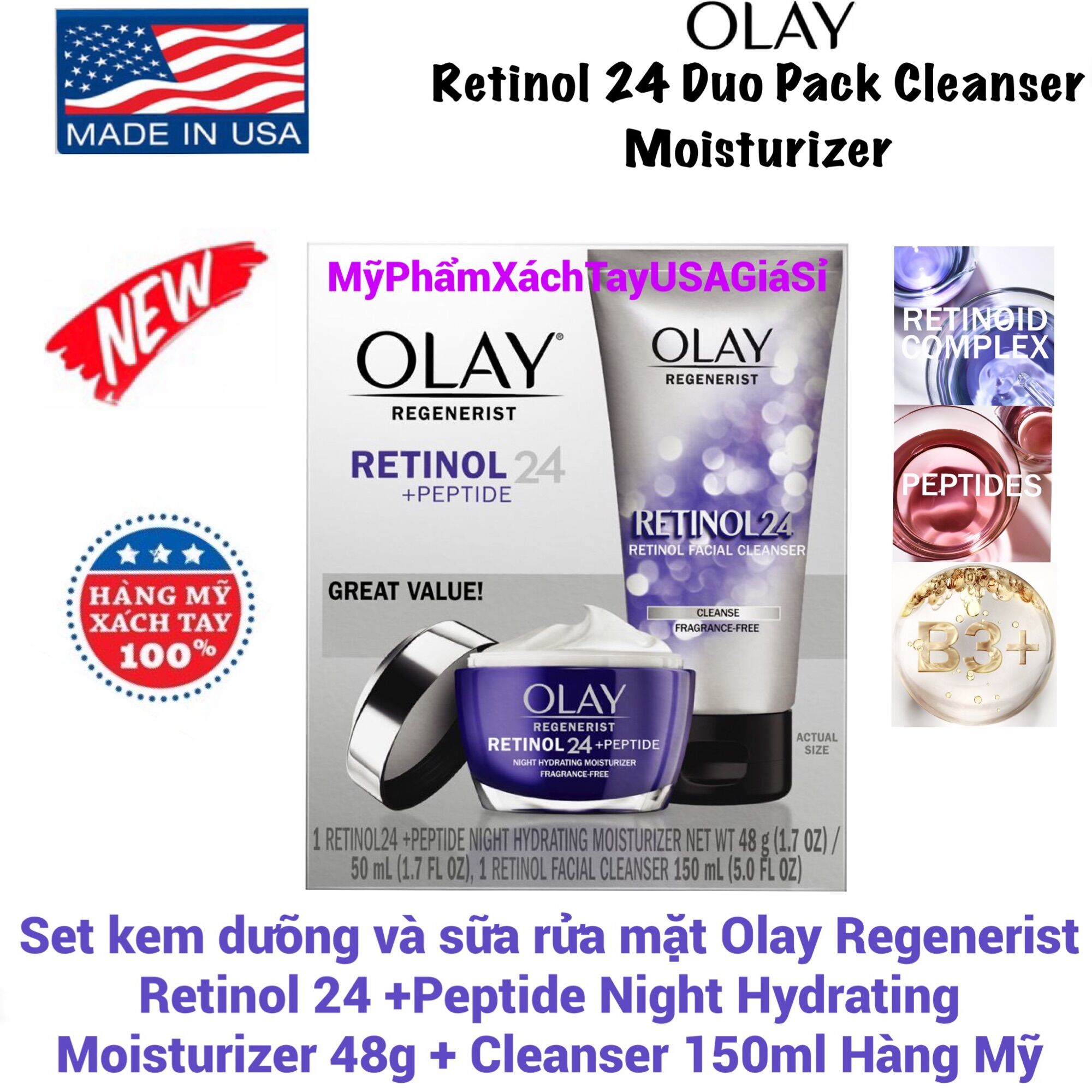 Set kem dưỡng và sữa rửa mặt Olay Regenerist Retinol 24 +Peptide Night USA