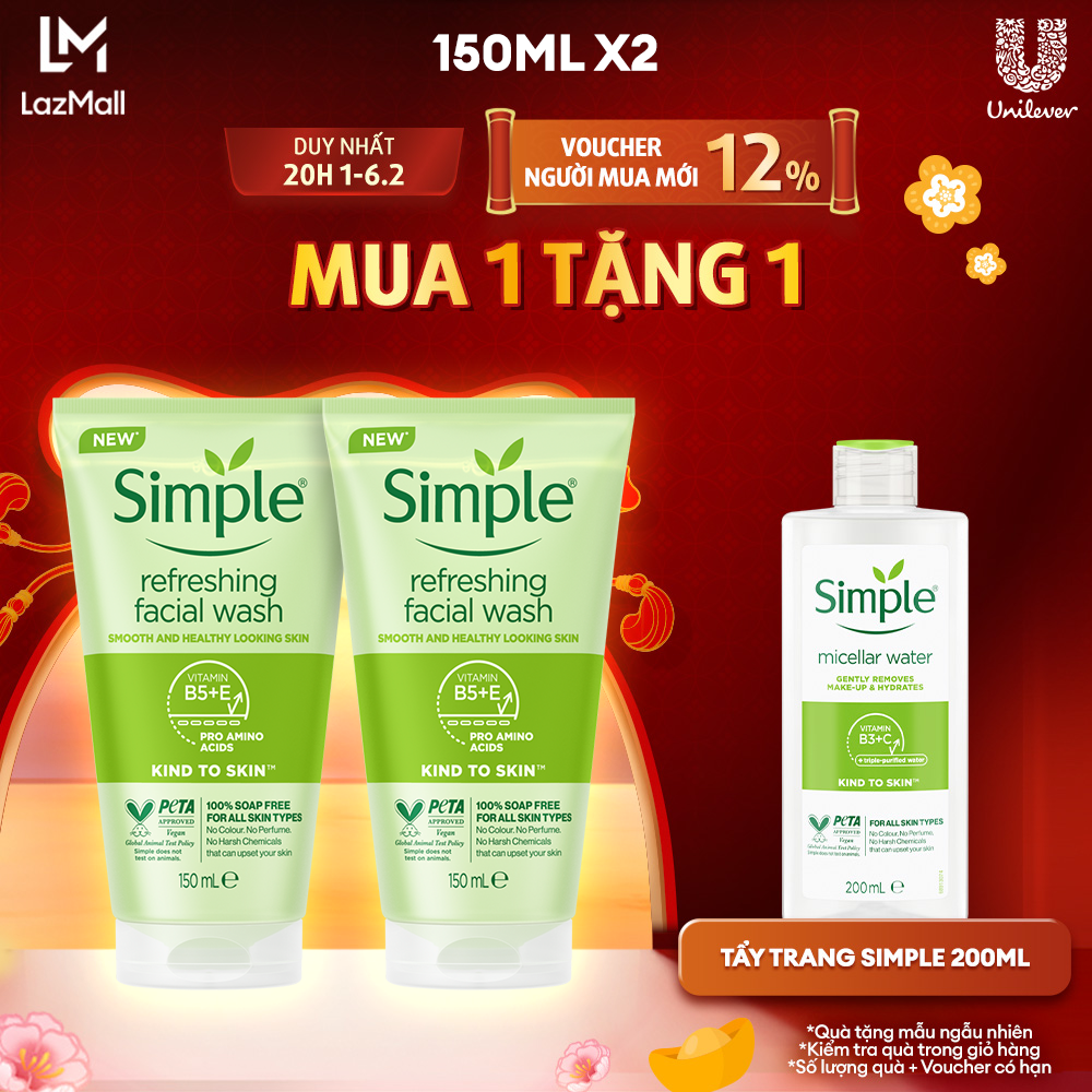 Combo 2 Sữa rửa mặt Simple lành tính sạch thoáng - cho da nhạy cảm 150ml/chai [CHÍNH HÃNG ĐỘC QUYỀN] [DIỆN MẠO MỚI]