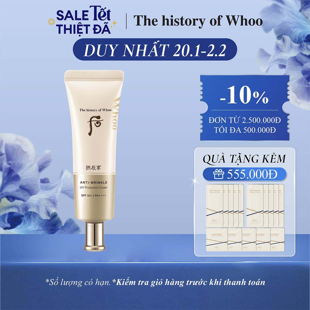 Kem chống nắng cải thiện nếp nhăn The history of Whoo Gongjinhyang Anti-Wrinkle UV Protective Cream SPF 50+, PA++++  50ML