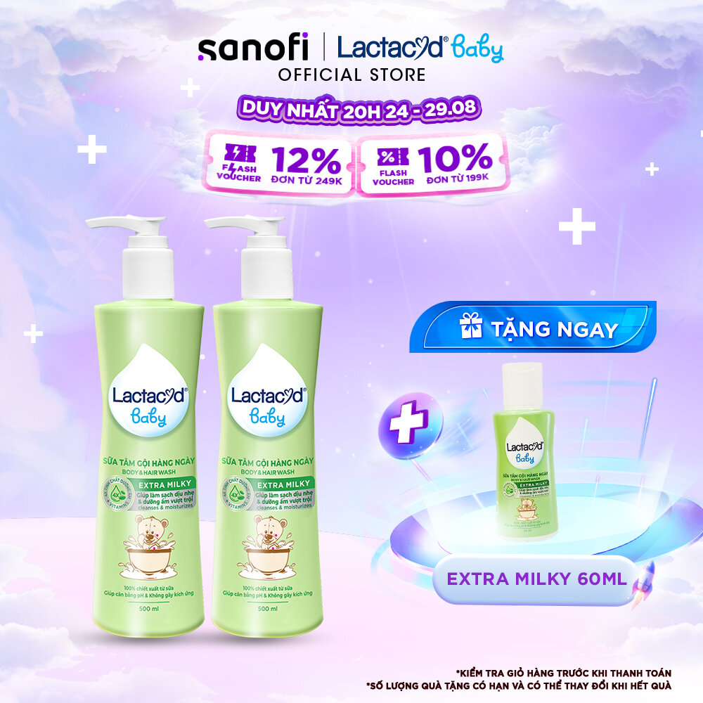 Bộ 2 chai Sữa Tắm Gội Trẻ Em Lactacyd Baby Extra Milky Làm Sạch Dịu Nhẹ và Dưỡng Ẩm Vượt Trội 500ml/chai