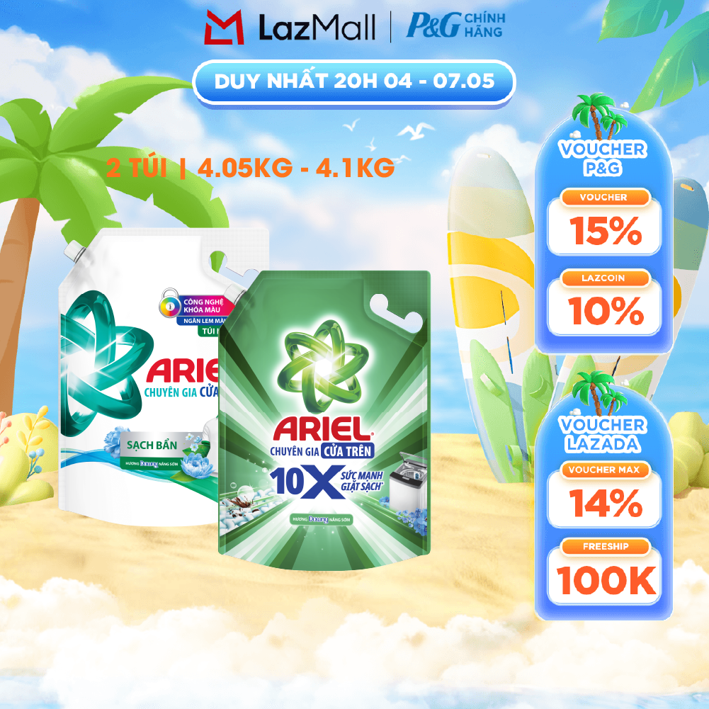 Combo 2 Nước Giặt Cửa Trên ARIEL Ngăn Lem Màu, Quần Áo Siêu Thơm Hương Sạch Sâu Nắng Mai Túi 4.1KG