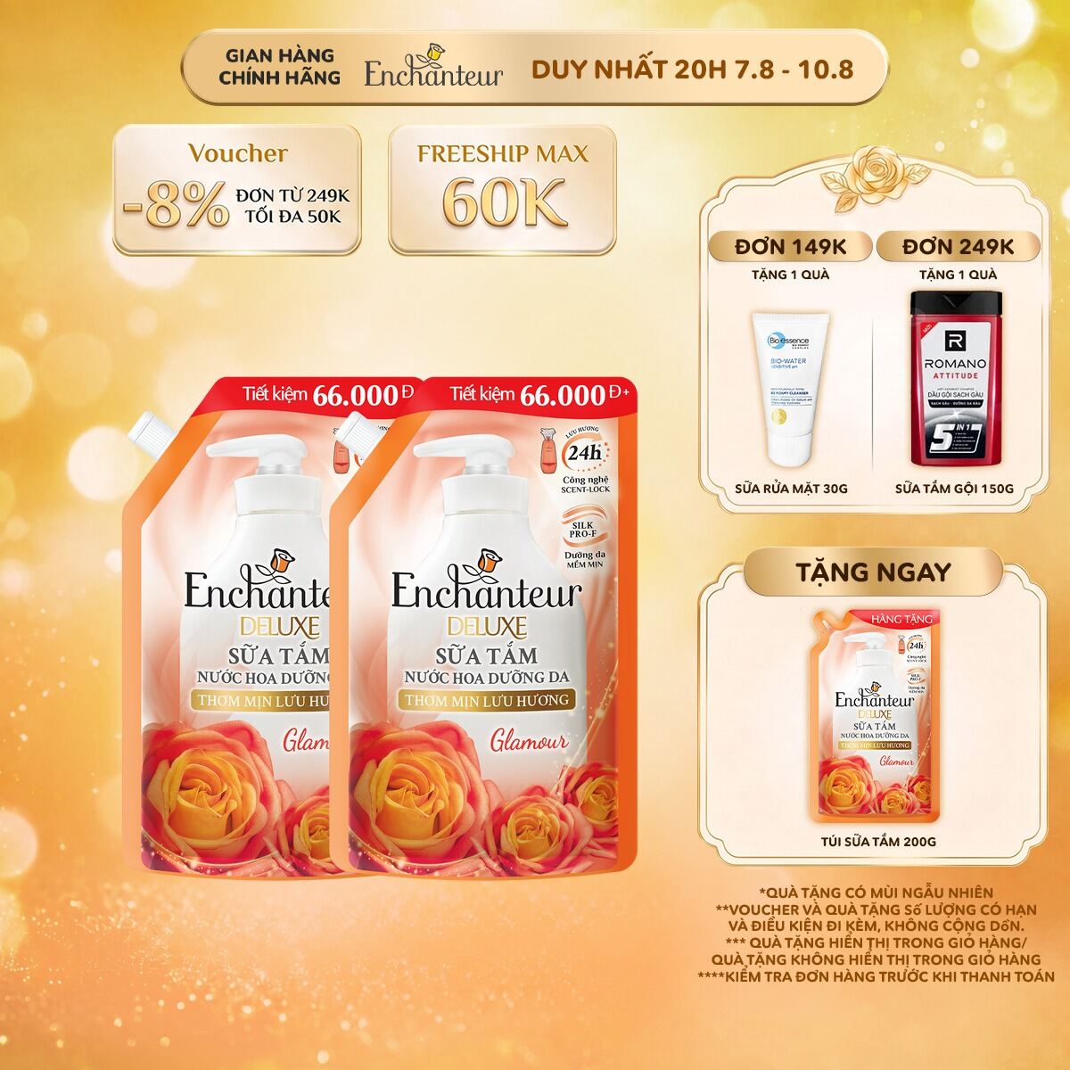 Combo 2 túi sữa tắm nước hoa dưỡng da Enchanteur hương Chamring/Glamour 640g tặng 1 túi sữa tắm Enchanteur 200g (Quà hiện giỏ hàng)