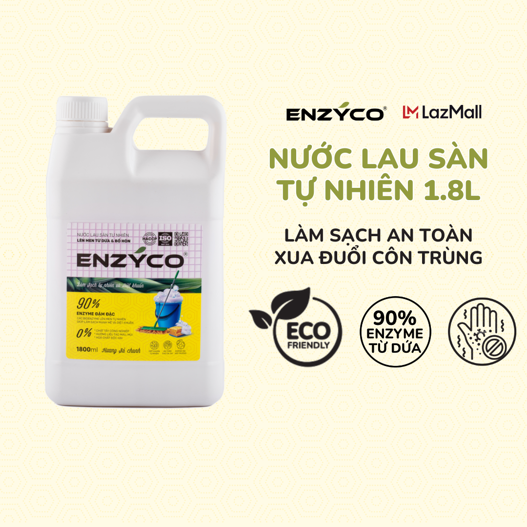 Nước lau sàn sinh học ENZYCO can 1.8L - 90% Enzyme từ dứa thân thiện môi trường, khử mùi đuổi côn trùng - Hương sả chanh