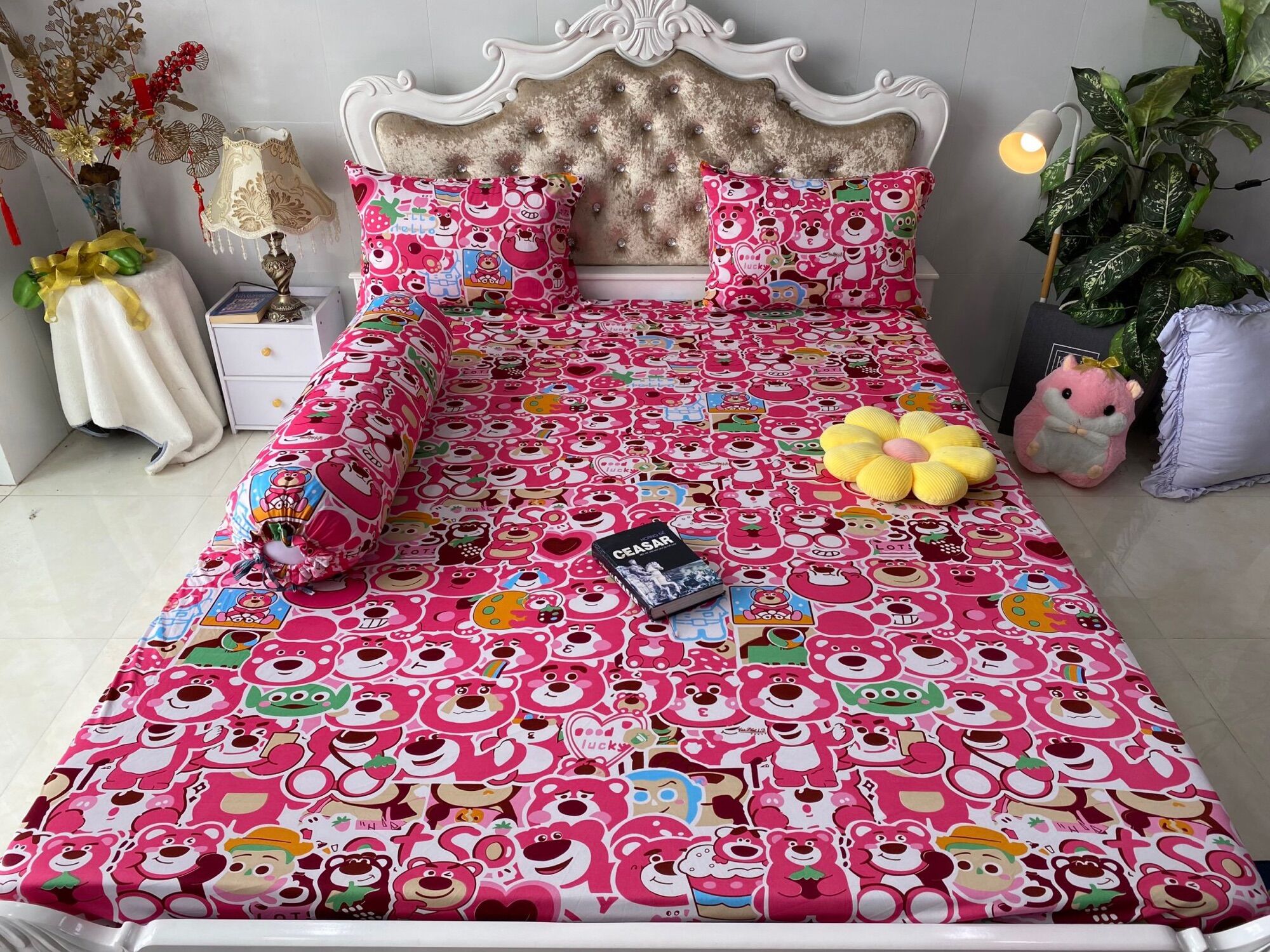 Bộ drap ga thun hàn quốc mẫu gấu hồng