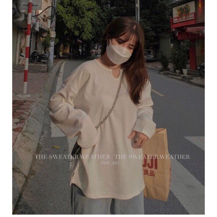 Áo pull dài tay cổ U form rộng oversize Ulzzang - Áo len mỏng dài tay cổ khoét U trơn basic (Ảnh thật/Sẵn)