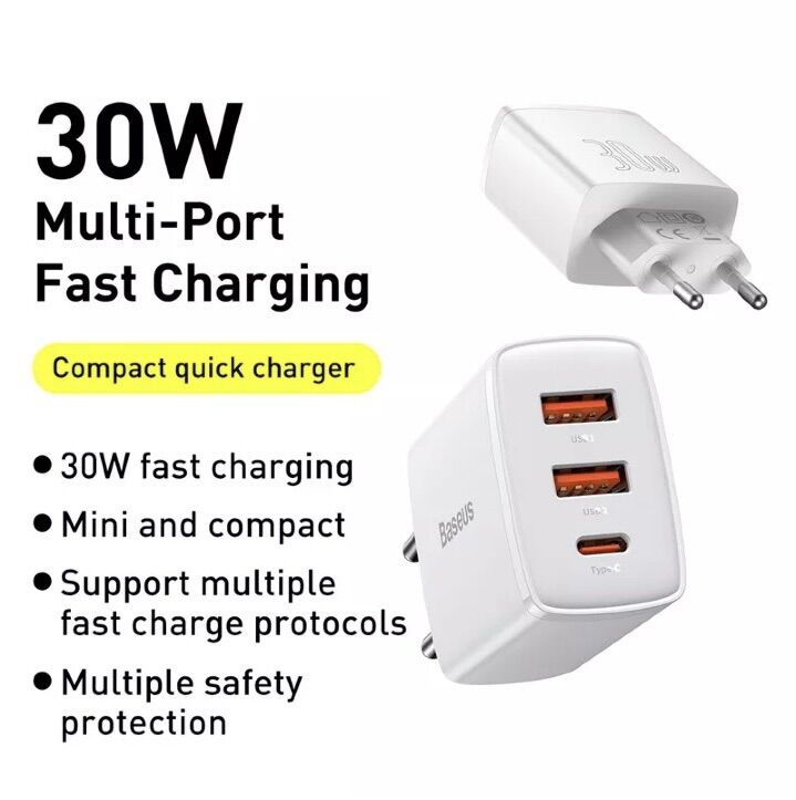 Củ sạc nhanh 30W Baseus 3 cổng TypeC/ USB hỗ trợ QC4.0/PD3.0