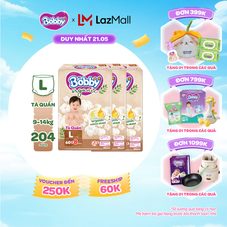 [SALE CUỐI THÁNG tặng QUÀ TO-SLCH][COMBO 3] [TẶNG KÈM 8 MIẾNG] Tã quần cao cấp Bobby Organic chăm sóc dịu nhẹ từ thiên nhiên L60