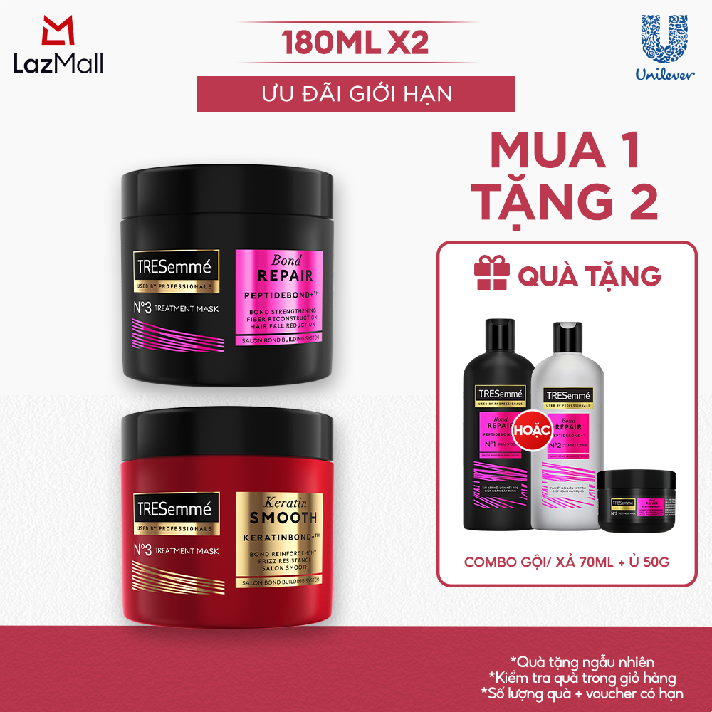 Combo Kem Ủ TRESemmé Bond Repair Peptidebond+ Và Keratin Smooth Keratinbond+ Tóc Đẹp Chuẩn Salon (180ml X 2)