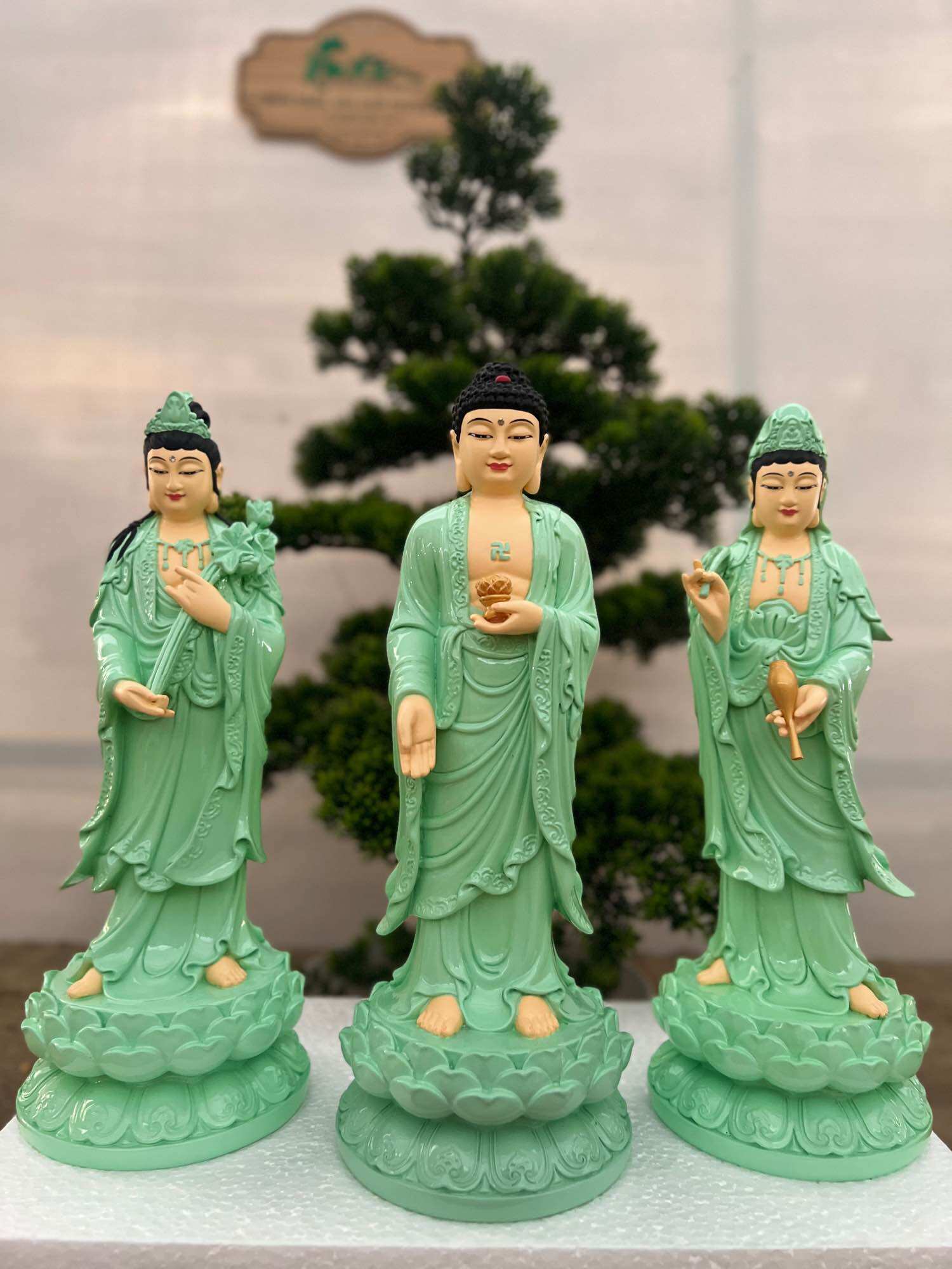 Tượng phật tây phương tam thánh 30cm đá | tượng phật hoa tiên