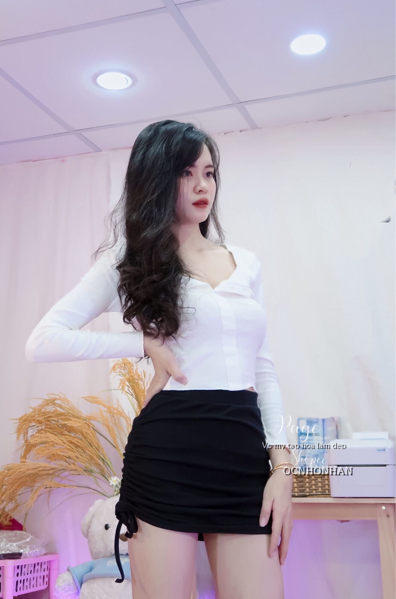 Set áo tay dài nút phối chân váy rút dây