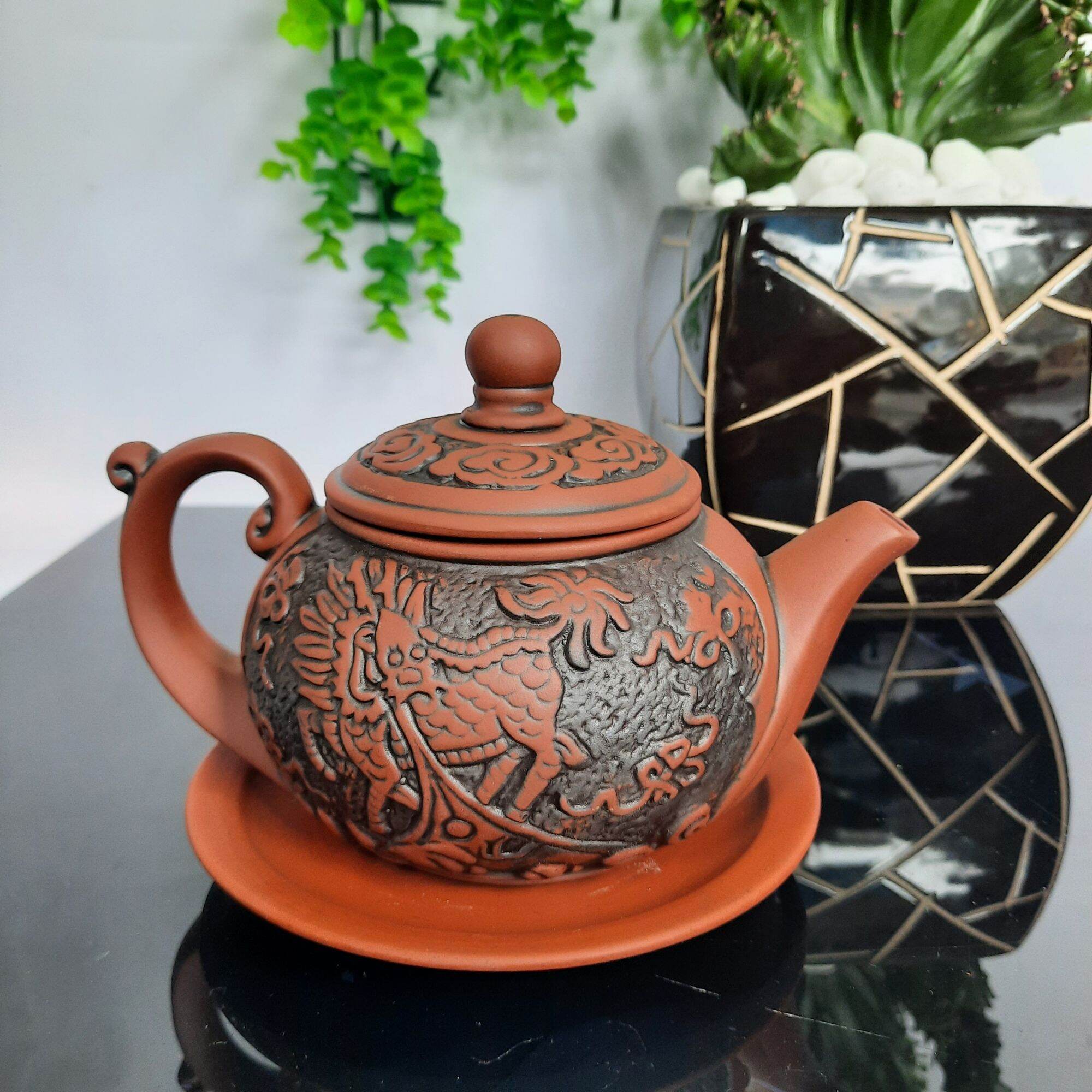 Bộ ấm trà tử sa khắc nổi cao cấp gốm sứ Bát Tràng