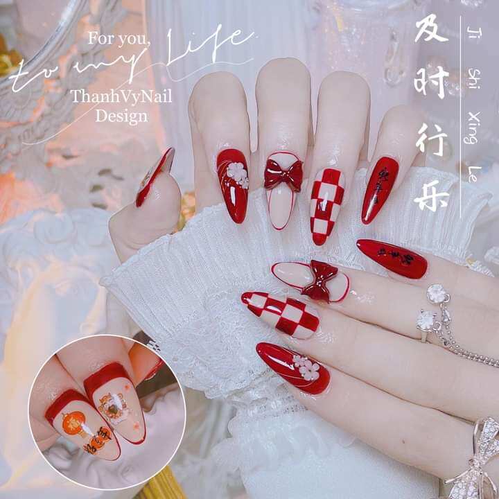 Mẫu NailBox Tết Tone Đỏ gắn Charm nơ kèm Sticker