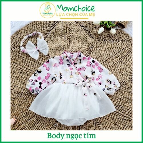 Body Váy Hanbok Ngọc Tím Bé Gái [MOMCHOICE] Bộ bodysuit trẻ em kèm turban từ ss-12kg chất Lụa mango cao cấp phối tơ nến trắng