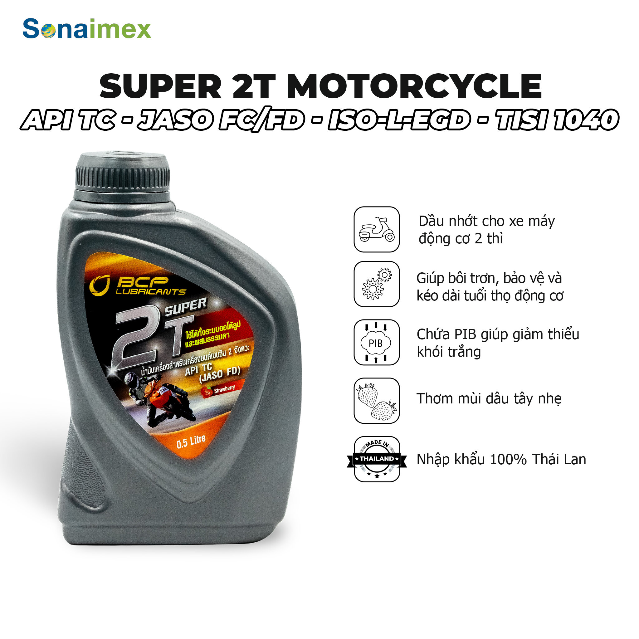 Nhớt 2 Thì Xipo, Nhớt 2 Thì Pha Xăng BCP Thái Lan SUPER 2T TC/FD (màu xanh lá, thơm mùi dâu nhẹ, nhớt 2t chuẩn môi trường)