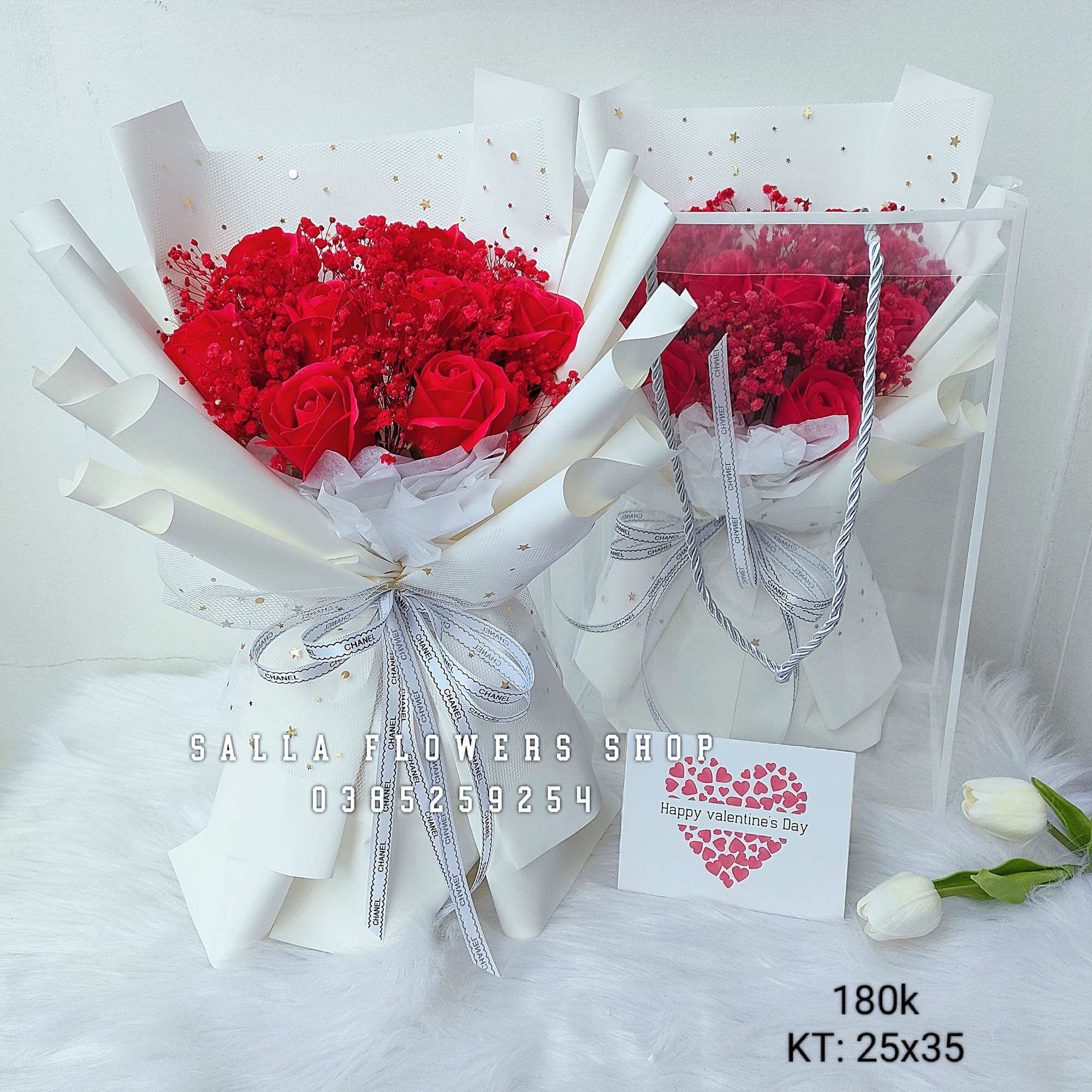Set túi hoa sáp 8 bông đỏ mix baby đỏ giấy TRẮNG + Tặng kèm túi và thiệp