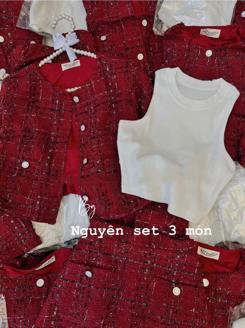 SET 3 MÓN DẠ ÁO THUN PHỐI ÁO KHOÁC DẠ ĐỎ PHỐI CHÂN VÁY