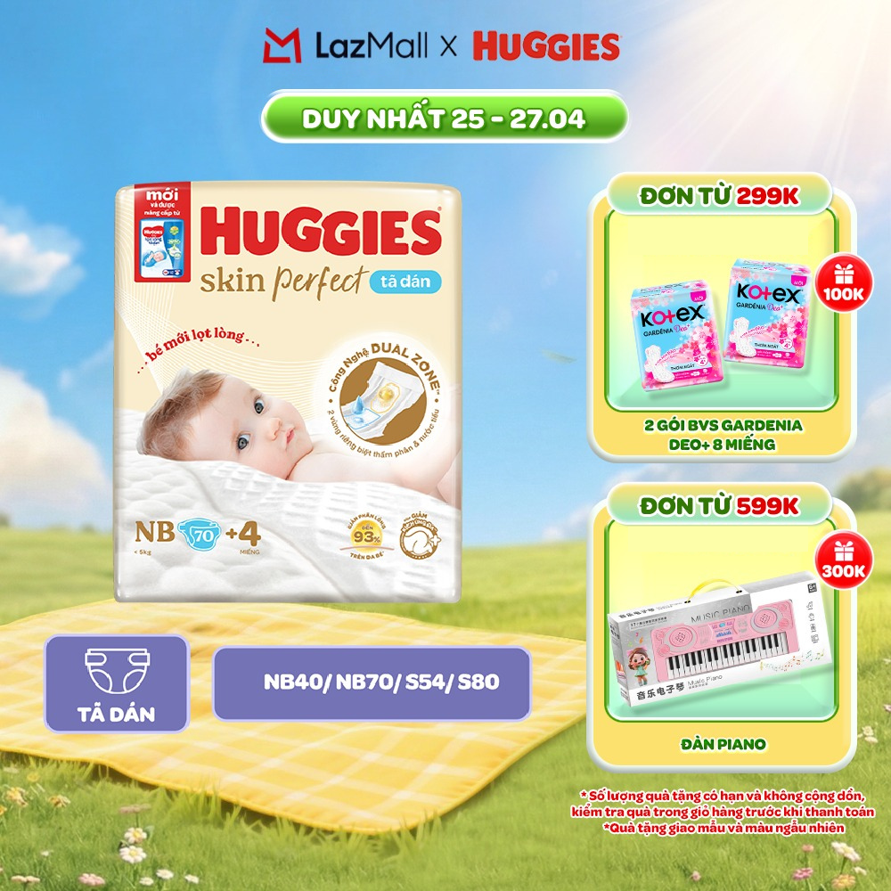 Tã/Bỉm Dán Sơ Sinh Huggies Skin Perfect NB/S với 2 Vùng Thấm Giảm Kích Ứng Da