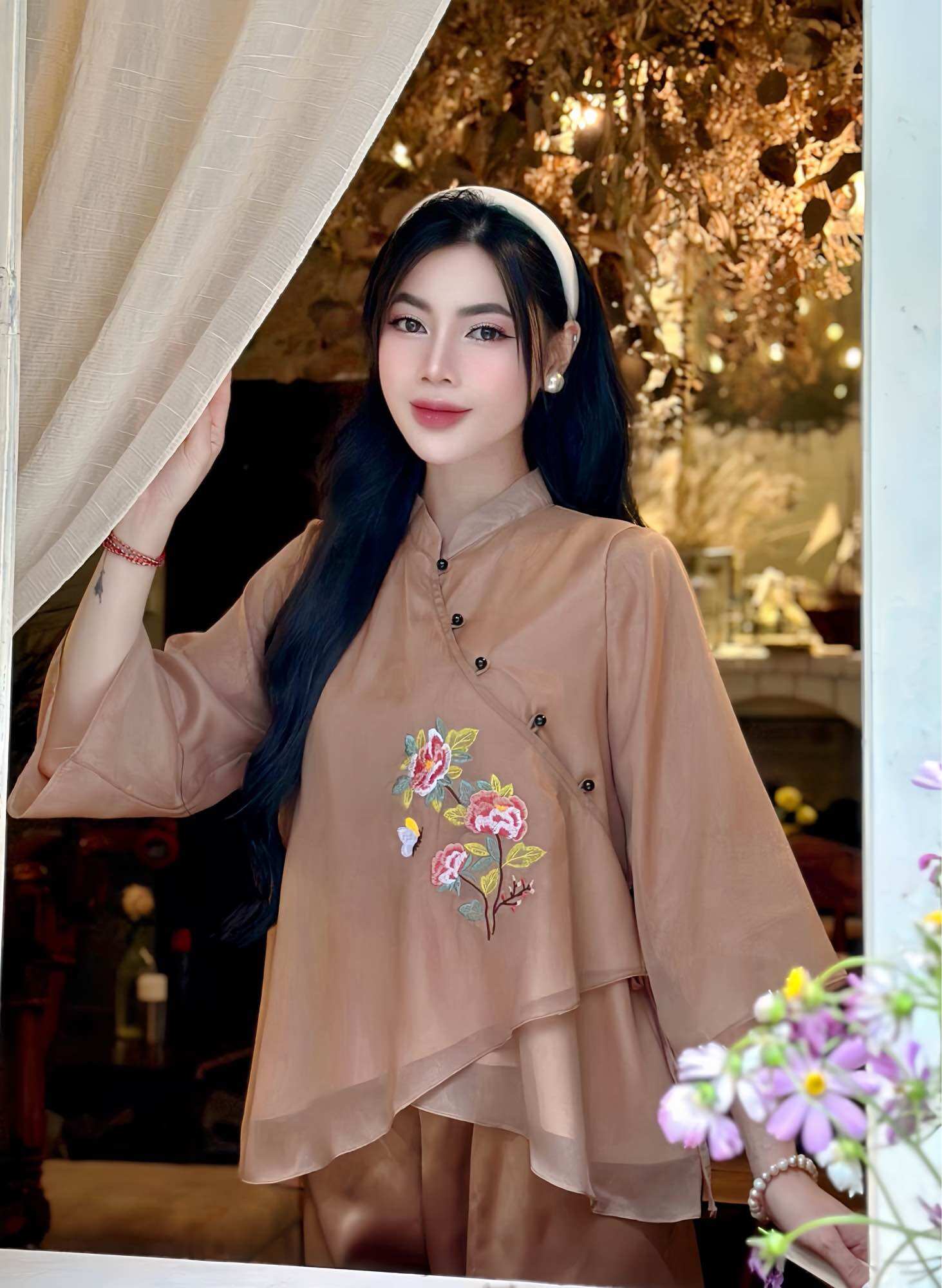 Bộ lụa voan tơ cao cấp thêu hoa nổ tinh tế