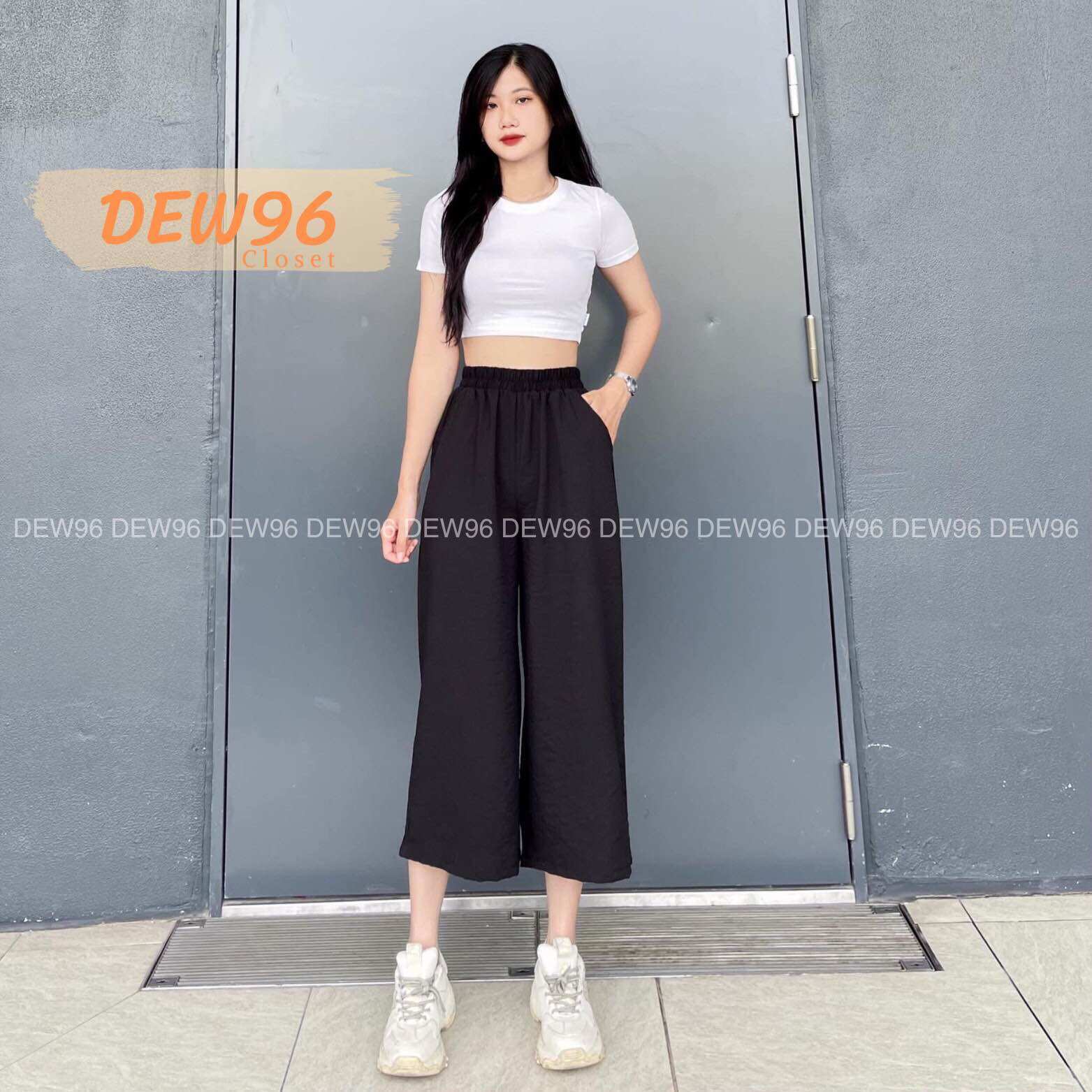 Quần đũi nữ culottes ống rộng dáng ngắn cạp chun, quần ống rộng nữ chất vải đũi cạp cao có túi trước