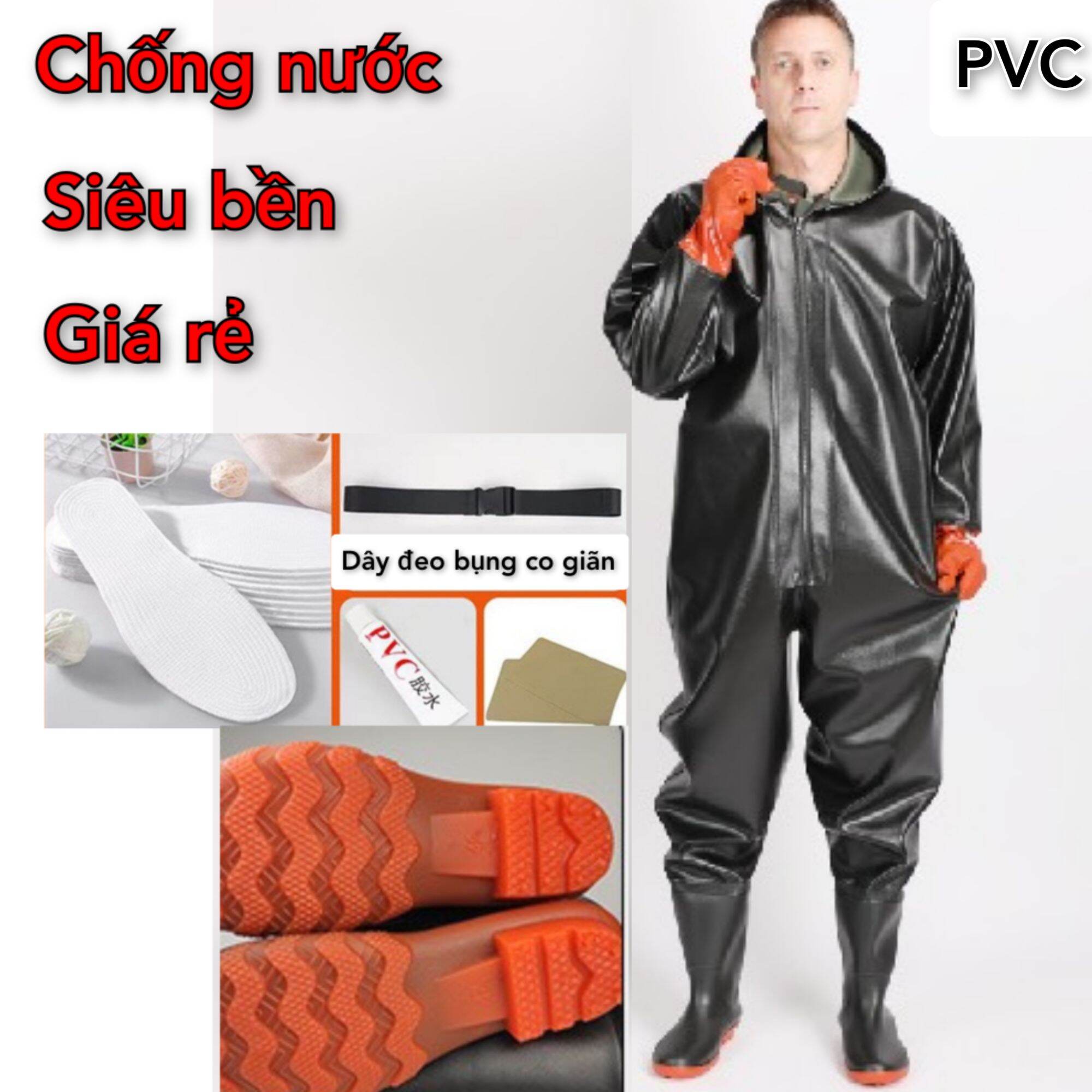 Bộ quần áo lội nước liền găng tiện dụng. PVC cao cấp chống thấm tuyệt đối