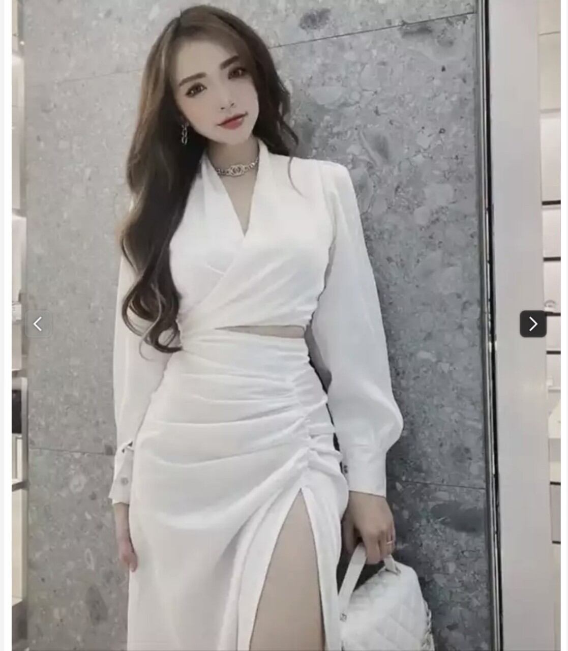Set Áo Cổ Chéo + Váy Xẻ Tà