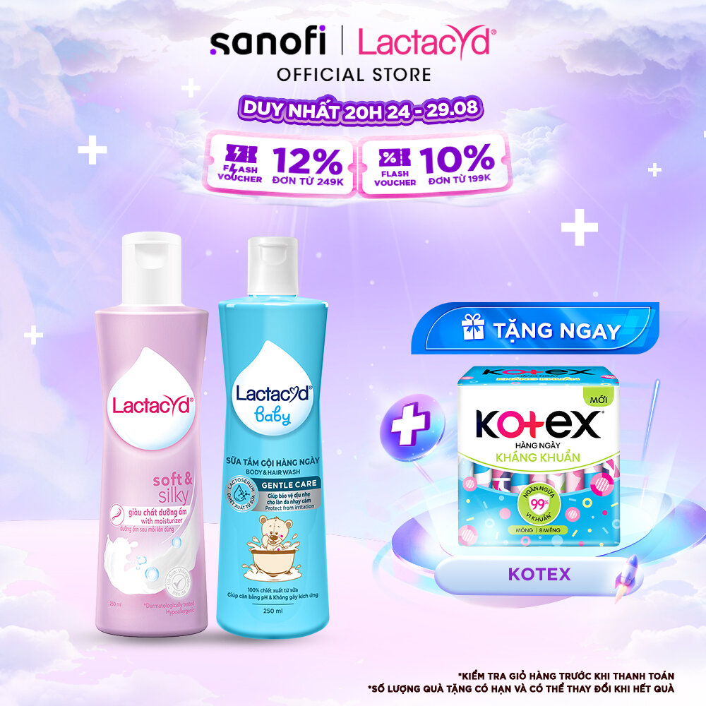 Bộ dung dịch vệ sinh phụ nữ lactacyd soft & silky dưỡng ẩm 250ml + sữa tắm gội trẻ em lactacyd baby gentle care 250ml