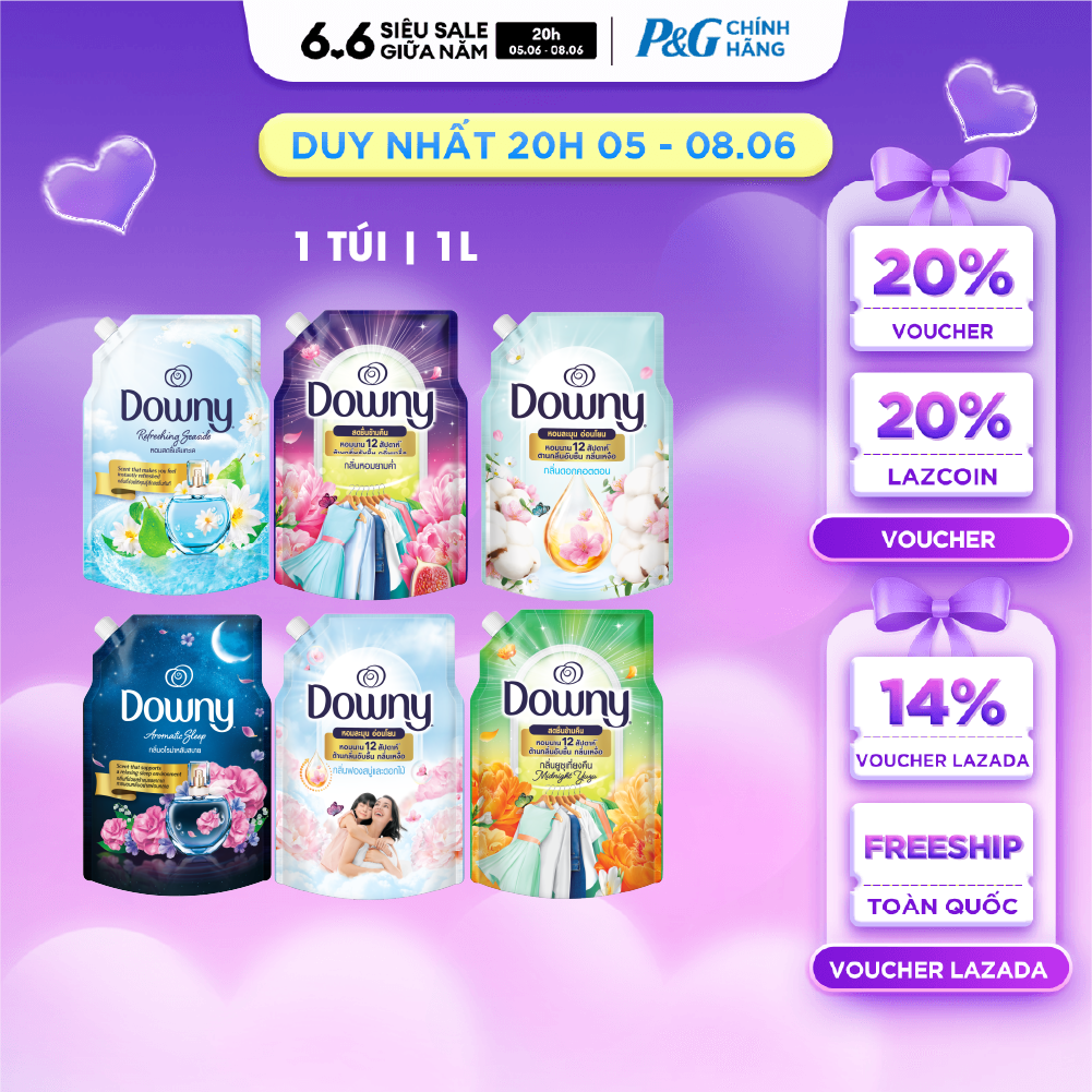 Nước Xả Vải Đậm Đặc DOWNY Hoa Đêm/ Bờ Biển Tươi Mát/ Giấc Ngủ Thư Thái/ Tinh Khôi/ Đam Mê/ Nắng Mai/ Bung Tỏa Hạnh Phúc/ Cotton Thuần Khiết Túi 1L