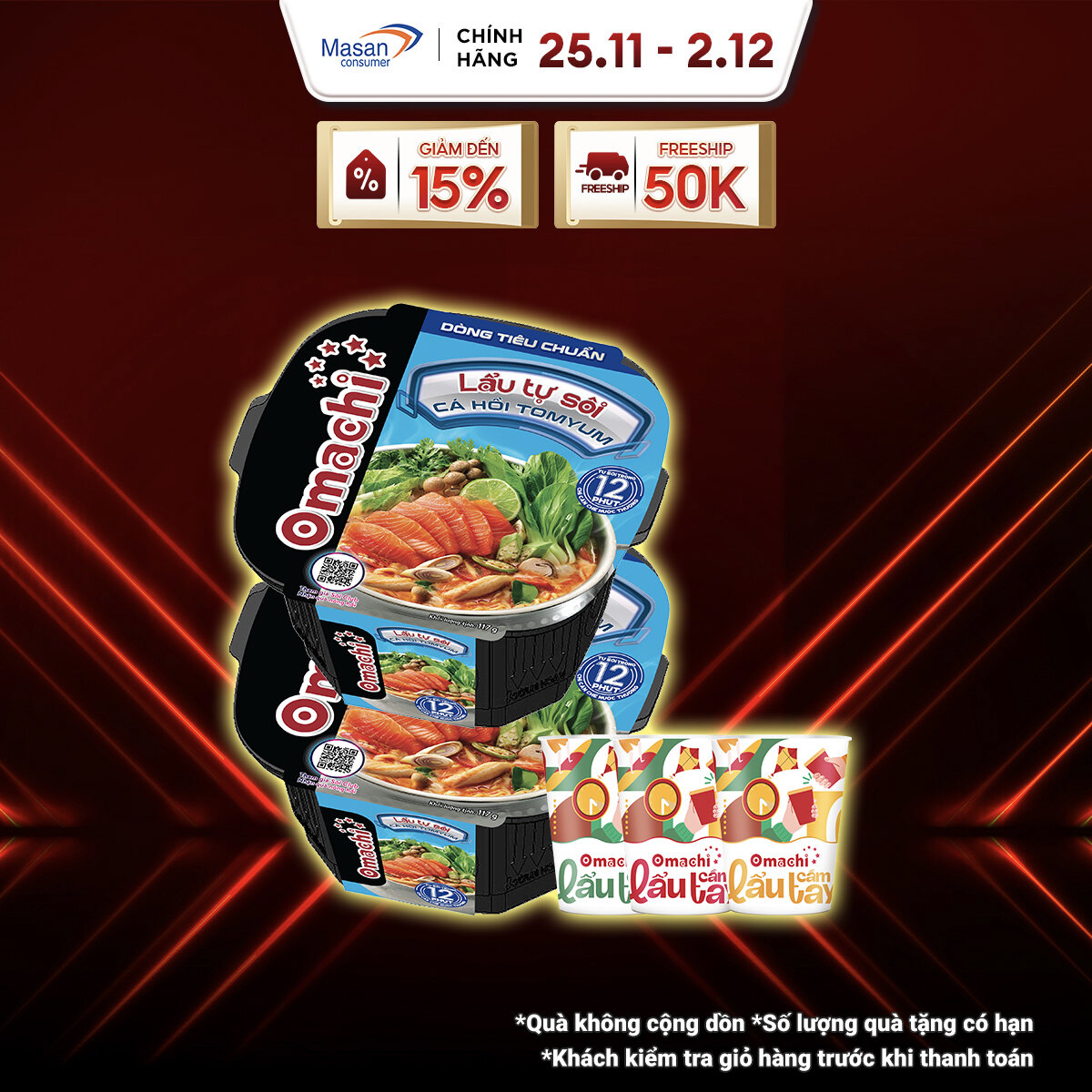   25.11-02.12 Voucher 18% CHO ĐƠN TỪ 199K Combo 2 Lẩu Tự Sôi + 3 Mì Omachi Lẩu Cầm Tay Mix Vị 