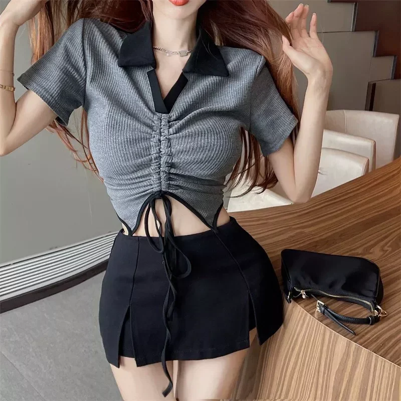 ÁO CROPTOP RÚT DÂY PHỐI 2 MÀU XÁM ĐEN RDV097